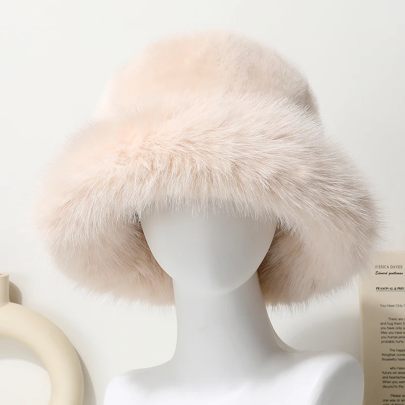 Große Faux Pelz Eimer Hut für Frauen Dicke Plüsch Warme Schöne Flauschigen Winter Hut Dame Luxus Mode Pelzigen Panama Fischer Kappe – Detail 11