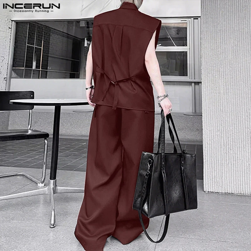 INCERUN 남성 세트 솔리드 컬러 라펠 민소매 셔츠 & 바지 투피스 세트 스트리트웨어 루즈 패션 남성 캐주얼 슈트 S-5XL