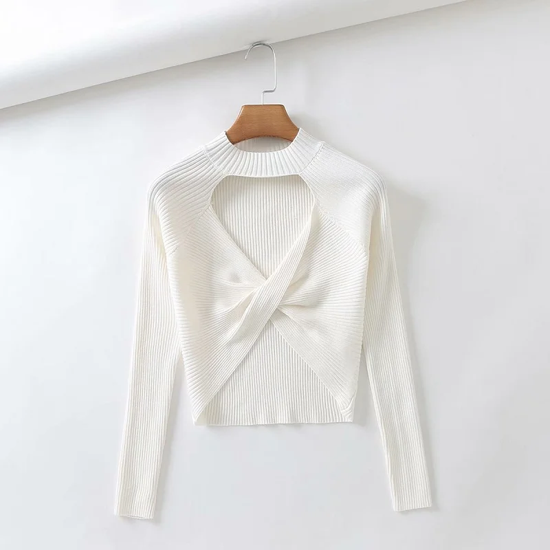 

Sexy ort Knitted Top Low Chest Bal Two-Way Wear Design Slim Fit Knitwear Street Sle High Collar Long Sve Spring F...