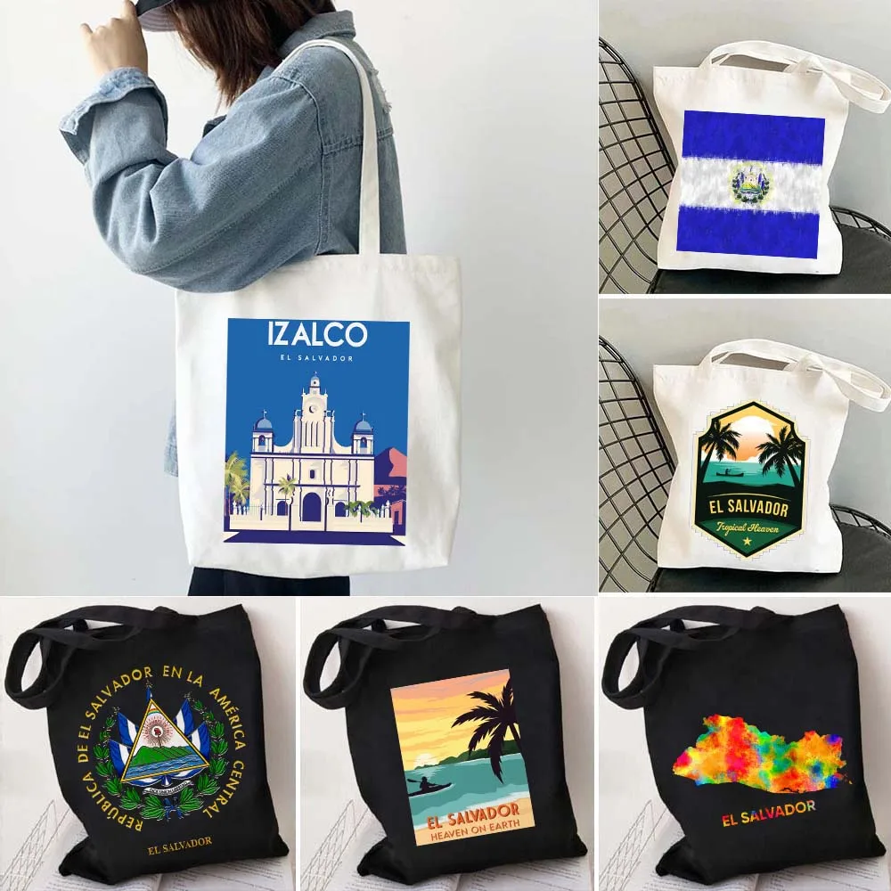 Arms of El Salvador Map Flag Tropical IZALCO Love Heart San Salvador Gift Women Canvas Shoulder Tote Bag Shopper Cotton Handbags