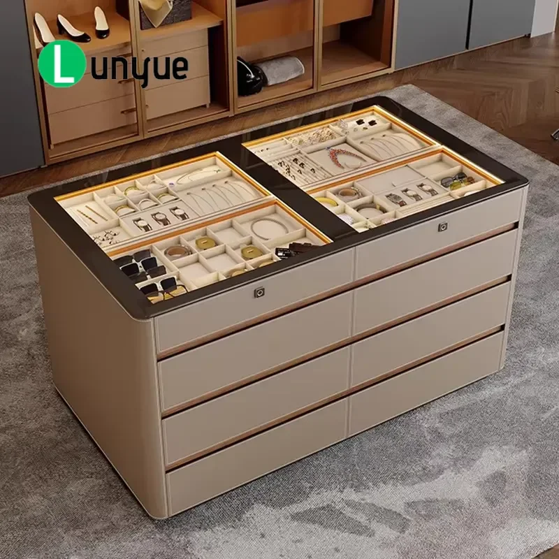 Luxury Walk-in Closet Island Cabinet with Fingerprint Lock Large Storage Jewelry Display Unit for Villa Bedroom Haute Couture