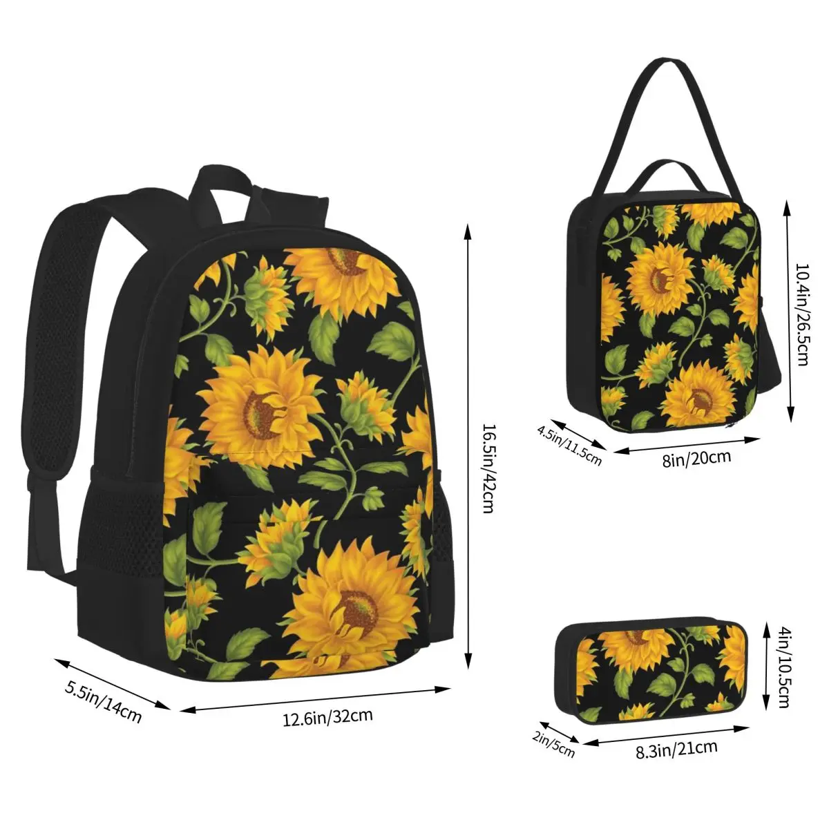 Sunflower Backpacks Students Bookbag School Bags Kids Rucksack Lunch Bag Pen Bag Three-Piece Set