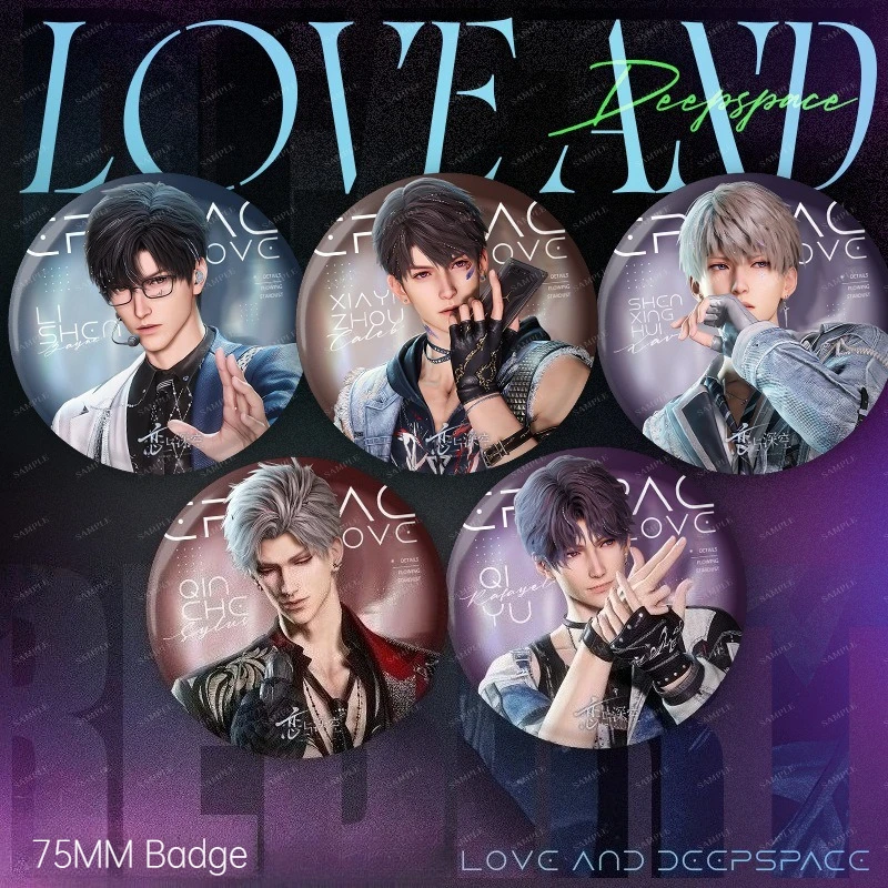 75MM Game Love and Deepspace Bühnenabzeichen Sylus Rafayel Zayne Xavier Caleb Rundabzeichen Emblem Brosche Dekoratives Zubehör Geschenk