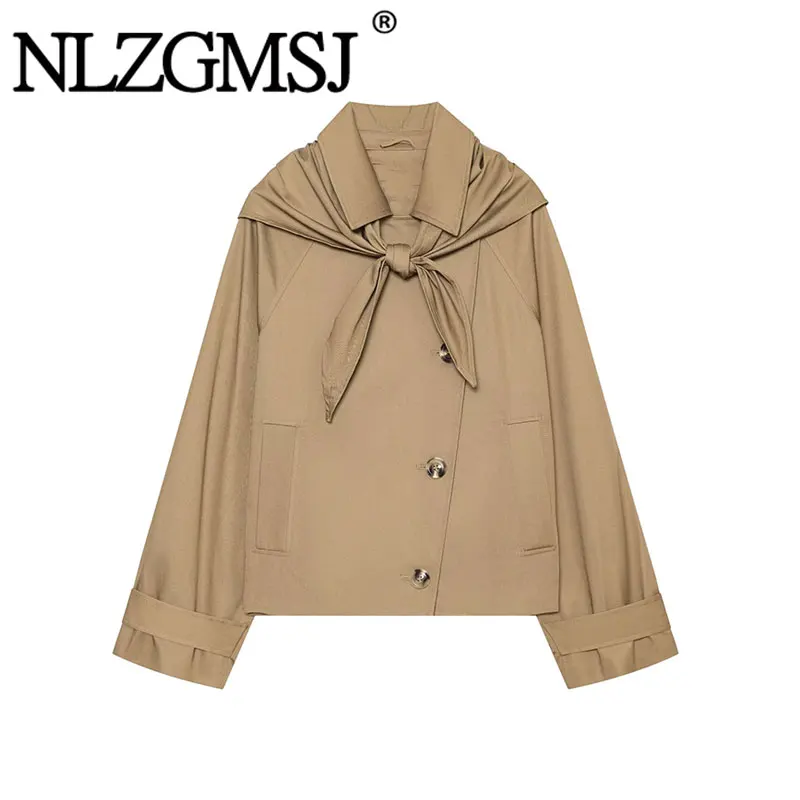 NLZGMSJ Vintage Casual Chic With Scarf Jacket Solid Single Breasted Pocket Long Sleeve Coats New Fashion 2026 Autumn Coat