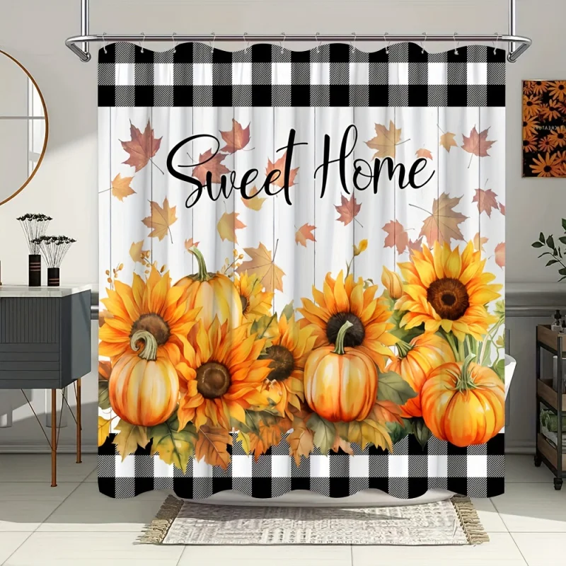 Autumn Harvest Bath Shower Curtain: Thanksgiving Decor, Rustic Farmhouse, Black and White Checkered Design, Fall Leaves Pattern,