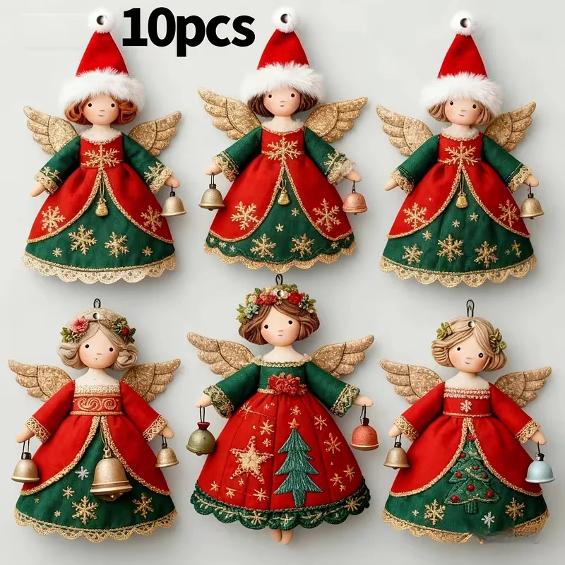 Set of 10 2D Christmas Angel Wooden Ornaments – Multi-Holiday Angel-Shaped Hanging Decorations for Year-Round and Christmas Use