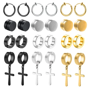 1/12 pairs Set of Male and Female Magnetic Ear Clip Stainless Stainless Steel Ring Unsurgered Cross False Meter Huggie Hoop Earrings Set 12 Main Sales Earring Pressure - №8