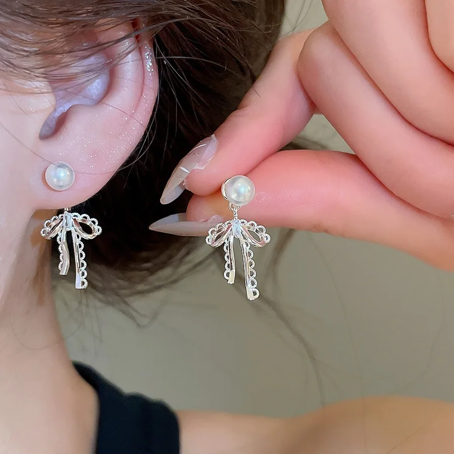 Sam Panda 925 Sterling Silver Sweet lace bowknot Pearl Earrings For Women Gift Jewelry Versatile Accessories Dropship Wholesale