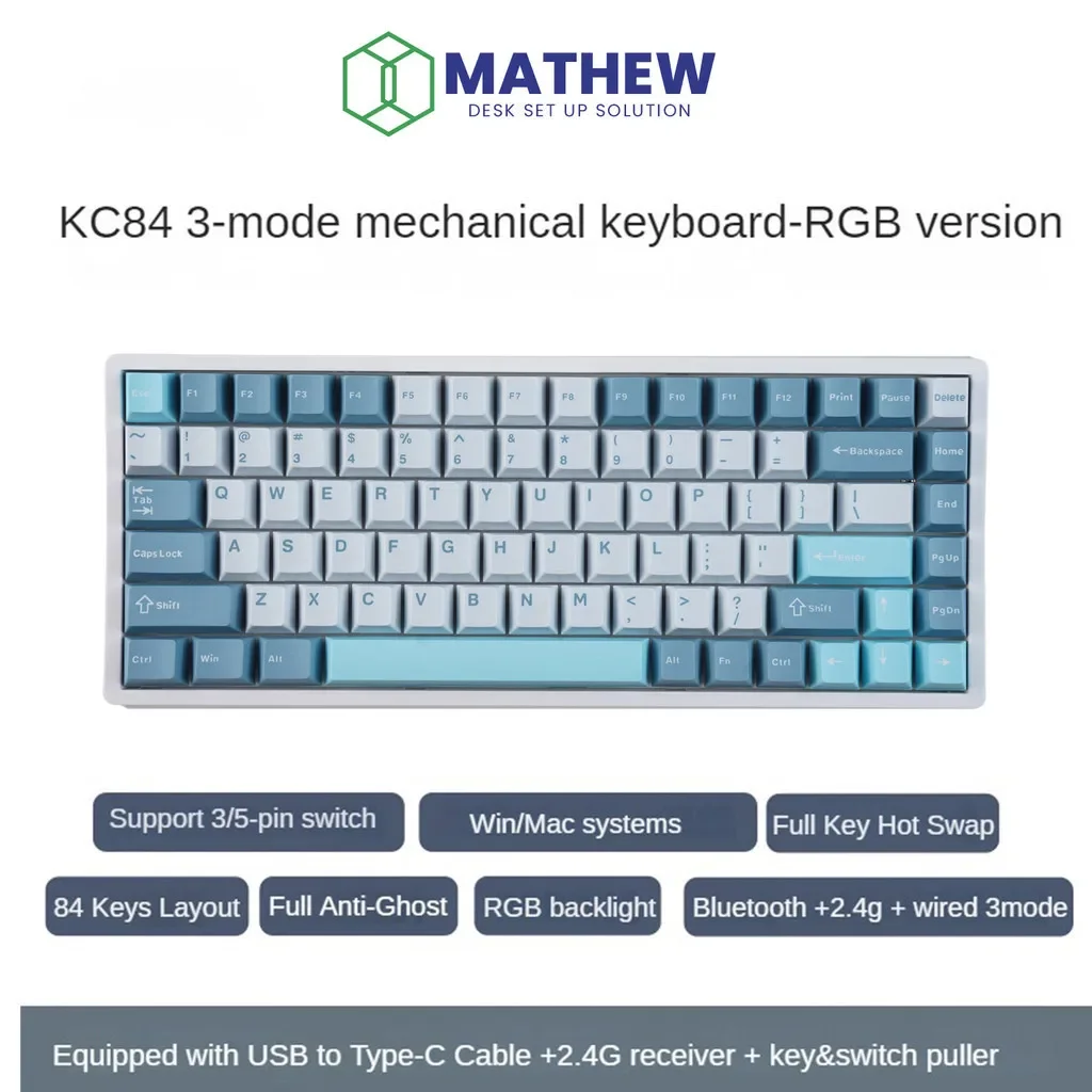 Imagem -03 - Mathew Kc84 Teclado Mecânico sem Fio Modo 84 Teclas 75 Quente Swappable Rgb Retroiluminado 3000mah Teclado Mecânico para Win Mac