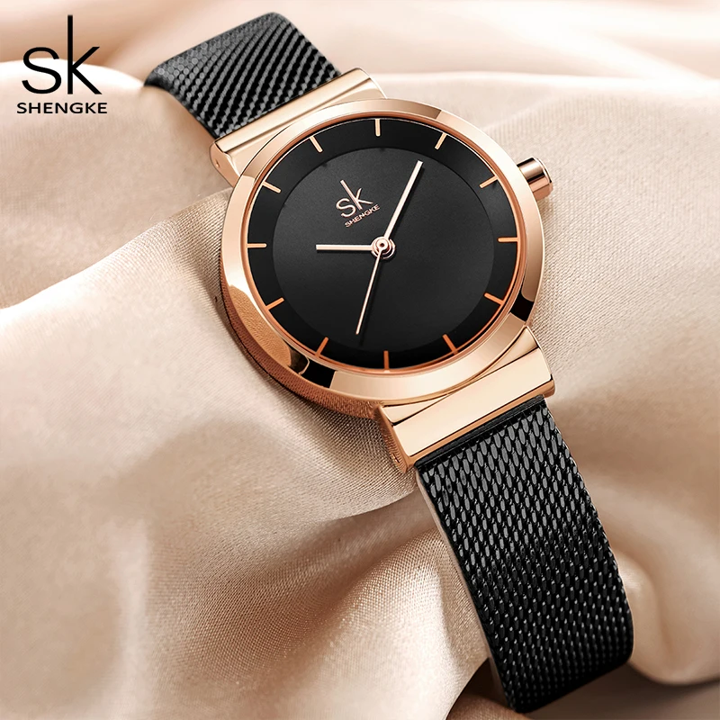 Shengke SK Luxury Brand Dress Golden Watch Ladies Elegant Diamond Quartz Wrist Watches For Women Steel Mesh Clock zegarek damski