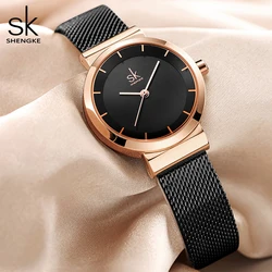 Shengke SK Luxury Brand Dress Golden Watch Ladies Elegant Diamond Quartz Wrist Watches For Women Steel Mesh Clock zegarek damski