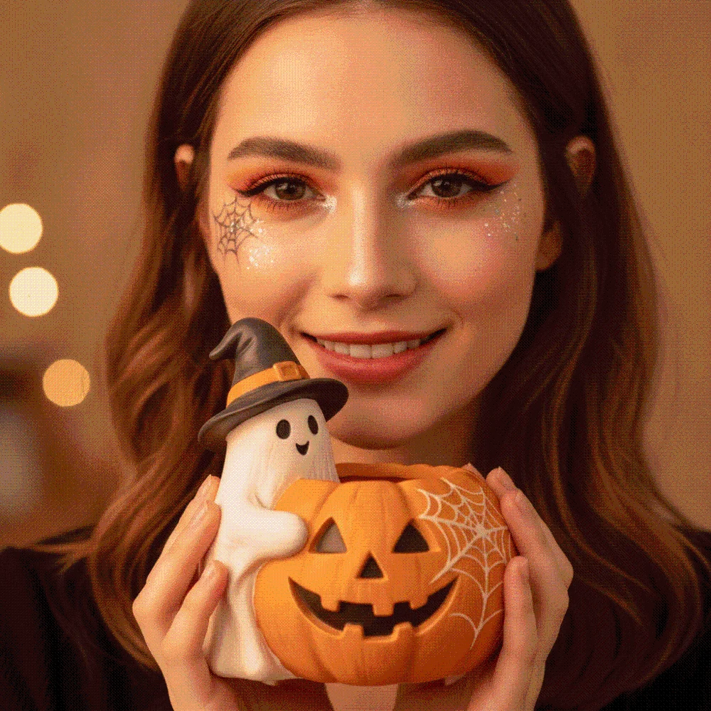 Orange Ghost Pumpkin Pen Holder Compact Molded Spooky Pencil Cup Flat-Base Exquisite Resin Desktop Organizer Students