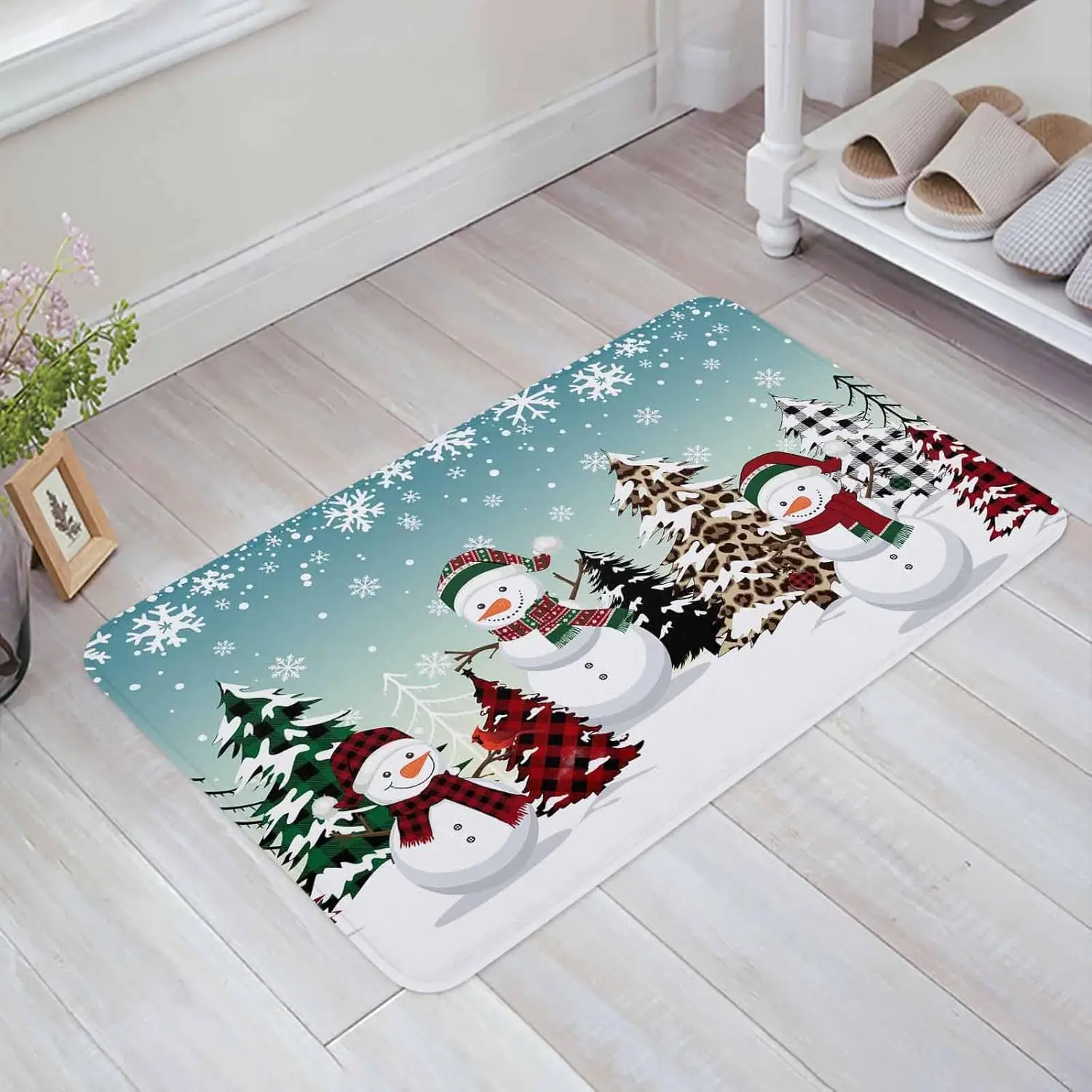 Christmas Teal Snowman Non-slip Door Mat Winter Xmas Tree Snowflake Bathroom Rugs Bedroom Bedside Foot Mat Christmas Decorations