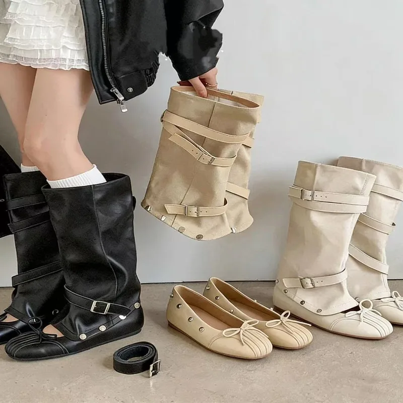 

Fashion Essence~2026 New Premium Detachable Two Wear Cowhide Ballet Shoes Sleeve Soft Leather Fashion Boots for Women Knee-High