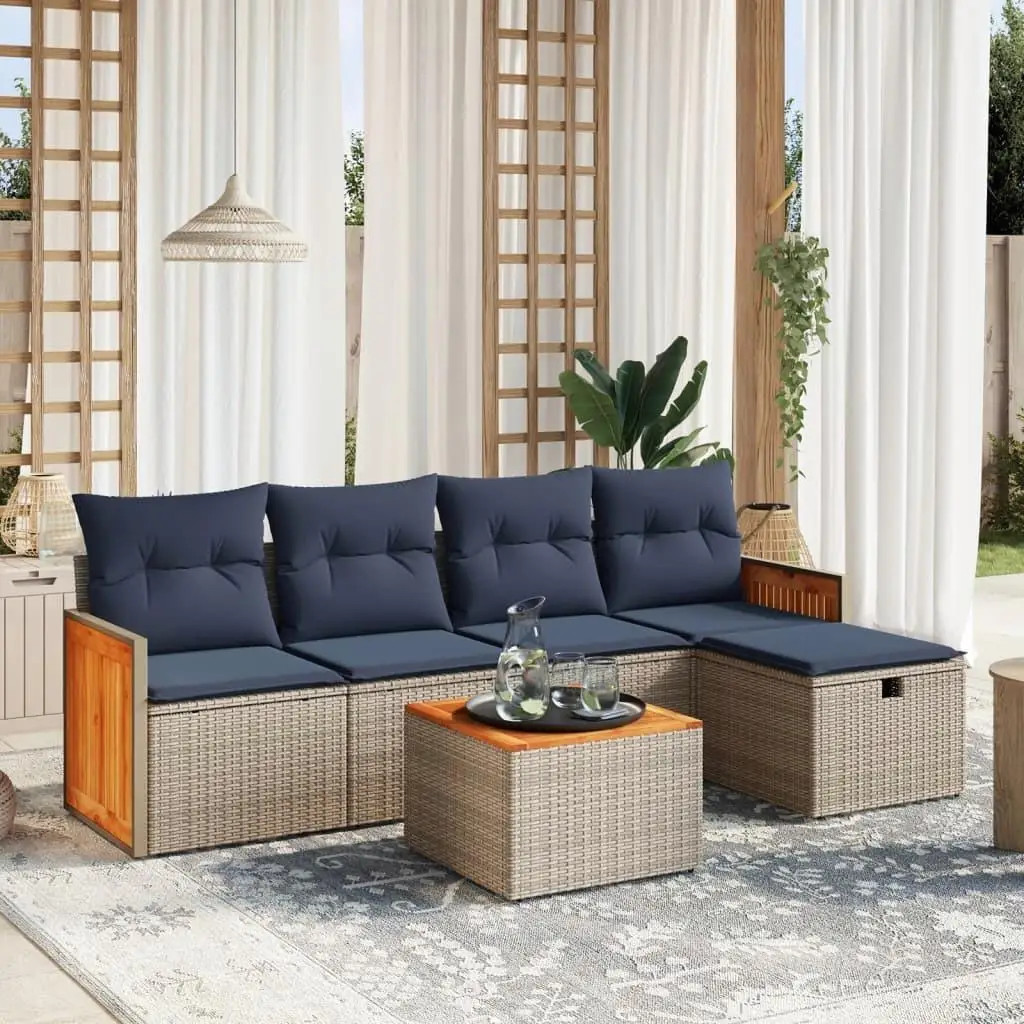 

6 Piece Gray Poly Rattan Patio Sofa Set with Cushions Outdoor Furniture Garden Seating