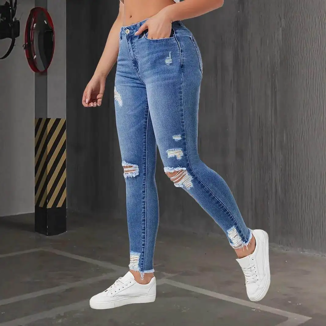 Fashionable Elastic Slim Fit Ladies Jeans Hole Design Long Pants Women's Stretchy Slimming Capri Length Autumn Season Style view 3