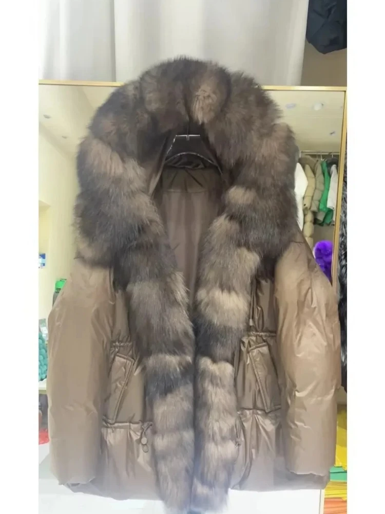 

Female Fashion White Duck Down Coat 2025 New Winter Autumn Thick Warm Hooded Natural Fox Fur Coat Real Fur Puffer Jacket Women
