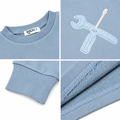 BARCALI Fall Blue French Terry Pocket Set 2pcs Children's Outfit Embroidery Design for Girl Boys And Baby Teenage Clothing Set