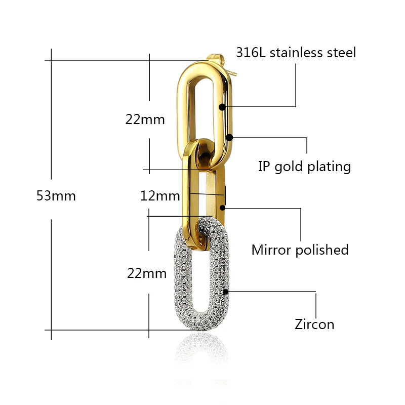 Exaggerated Stainless Steel Chain Drop Earrings for Women Crystal Link Long Dangle Earring Studs Statement Link Earrings