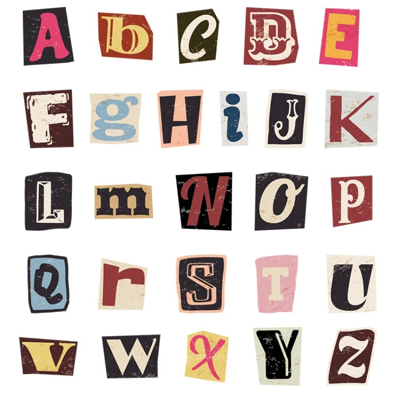 52Pcs/box Retro Art Poster Font English Letter Sticker Vintage Scrapbooking Journal DIY Decoration Phone Case Luggage Decals