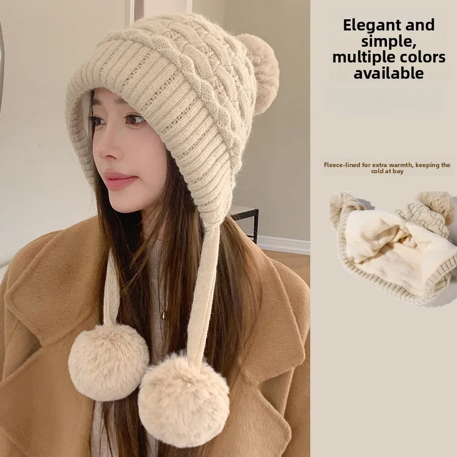 Lazy Wind Thickened Double-layer Ear Protection and Cold-proof Three-hair Ball Rabbit Hair Hat Women's Velvet Knitted Hat