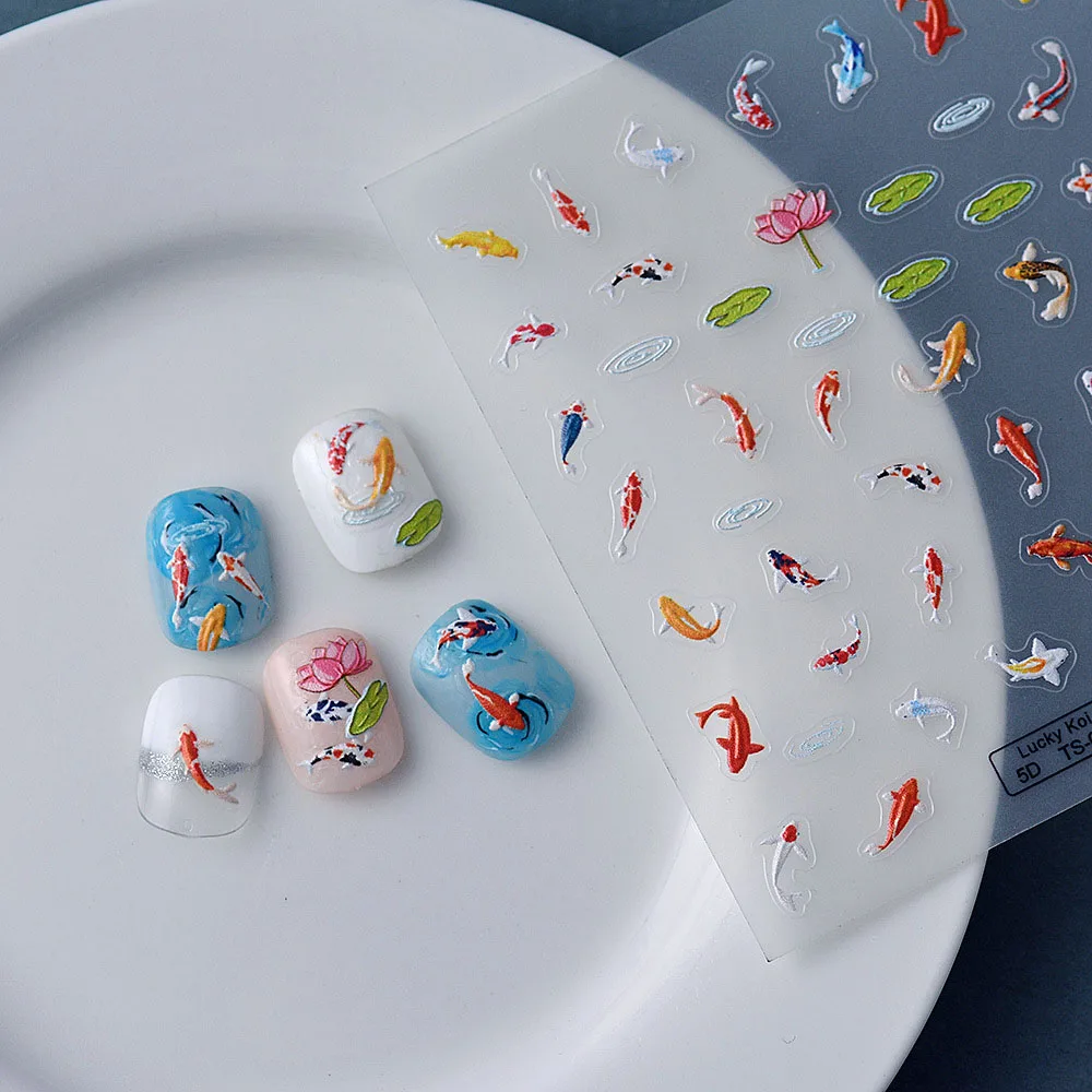 

5D Koi Carp Nail Sticker Green Lotus Kawaii Red Carp Nail Slider for Manicure Relief DIY Acrylic Nails Fish Accessories Decal