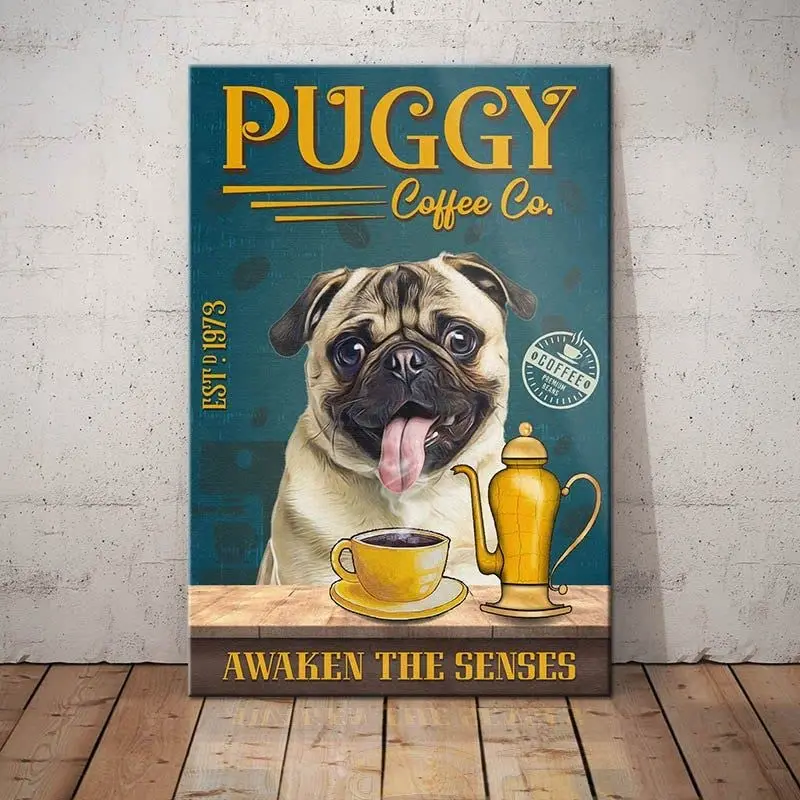 CCPARTON Metal Signs Pug Dog Coffee Company Awaken The Senses Signs Vintage Signs Retro Aluminum Sign for Home Cafe Kitchen 8x12