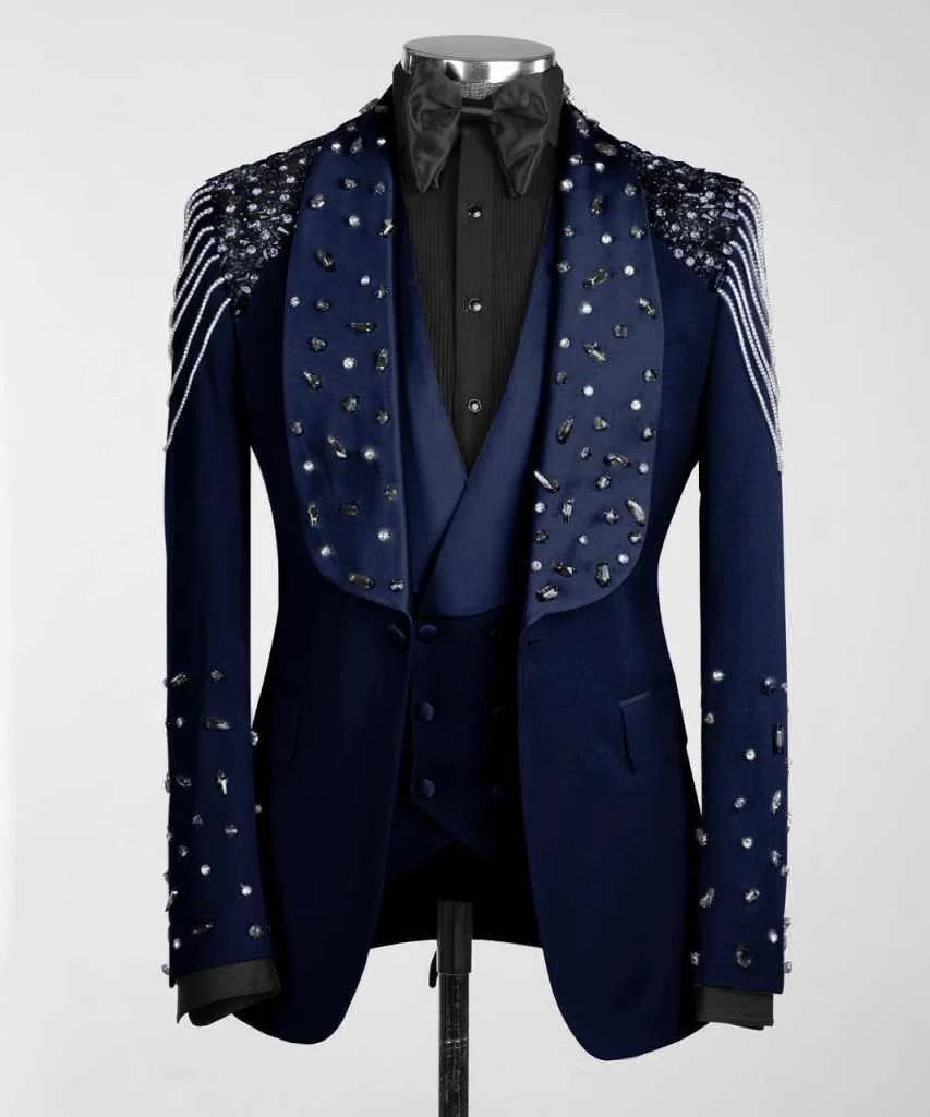 Luxurious Tailored Wedding Suits for Man 3 Pieces Blazer Pants Vest Shawl Rhinestone Chain Beading Modern Formal Customized