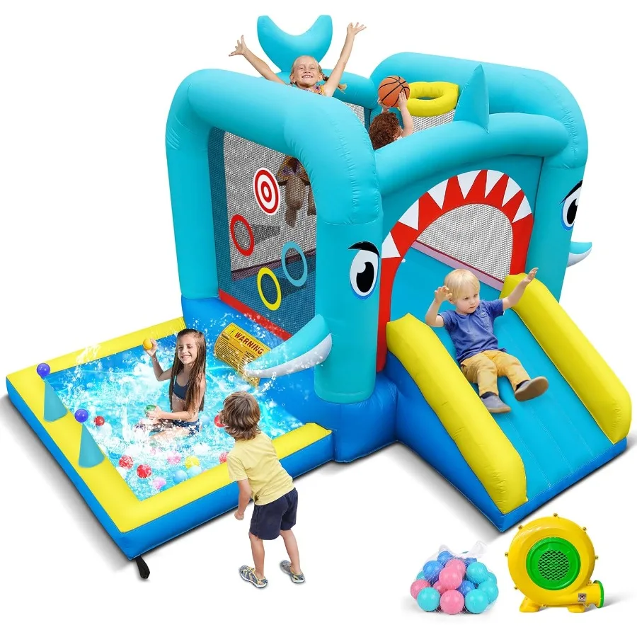 Inflatable Bounce House: Jump Bouncer Castle Slide Combo - 7 in 1 for Kids 3-6 - with 370W Blower - for Indoor Outdoor Play