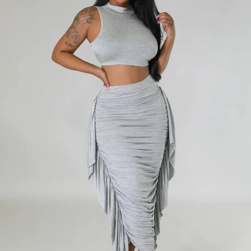 Summer New Women's Sexy Solid Tight Open Navel Tank Top & Ruffle High Waist Skirt Set Female Fashion Skinny Short Pants Outfits