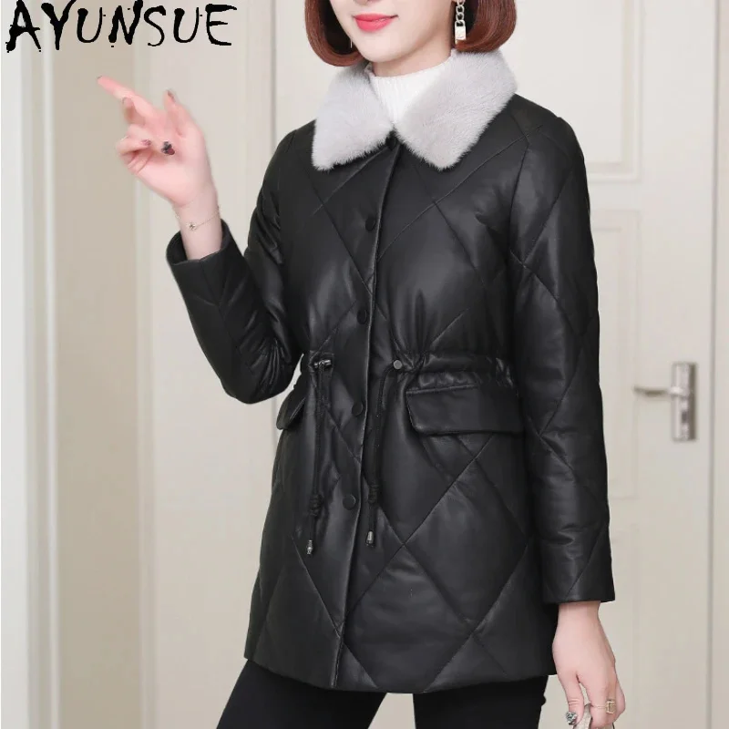 

Real AYUNSUE Leather Down Jacket Women Winter 2024 Mid-length Elegant Genuine Sheepskin Coat Mink Fur Collar Black Coats