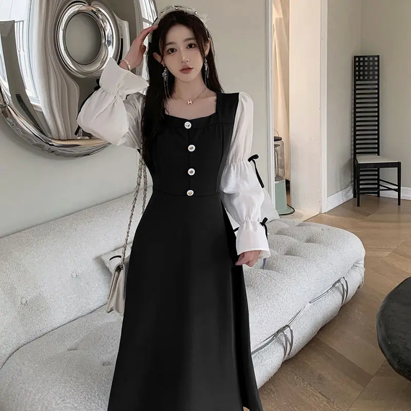 Design Sense Contrasting Color Dress New Square Neckline Bow Long Skirt Sweet Temperament Knee High Skirt Dresses