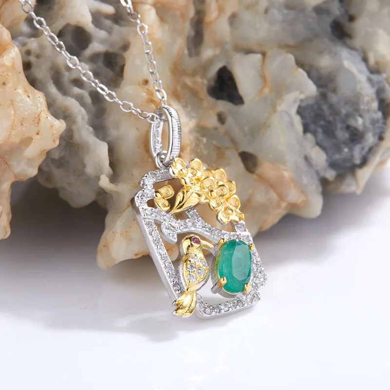

S925Pure Silver French Light Luxury Natural Emerald Gemstone Necklace European and American Fashion Collarbone Chain Personality
