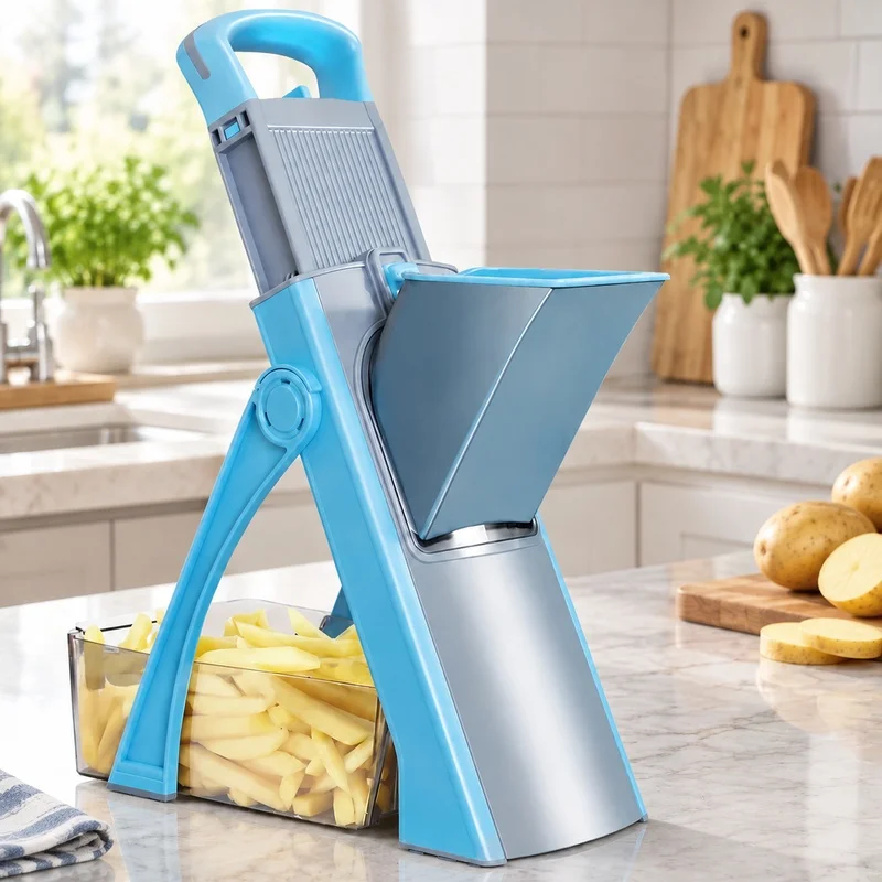 Adjustable 4-Mode Vegetable Cutter for Kitchen Use with Julienne and Dice Functions, Safety Features, Sky Blue Finish