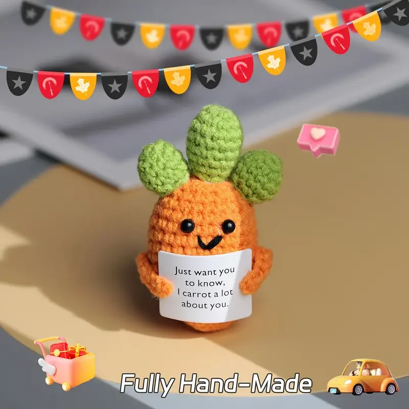 

Handmade Crochet Smiling Carrot Plush Doll with Positive Message Sign - Fabric Collectible Figure for Party Decor Charming