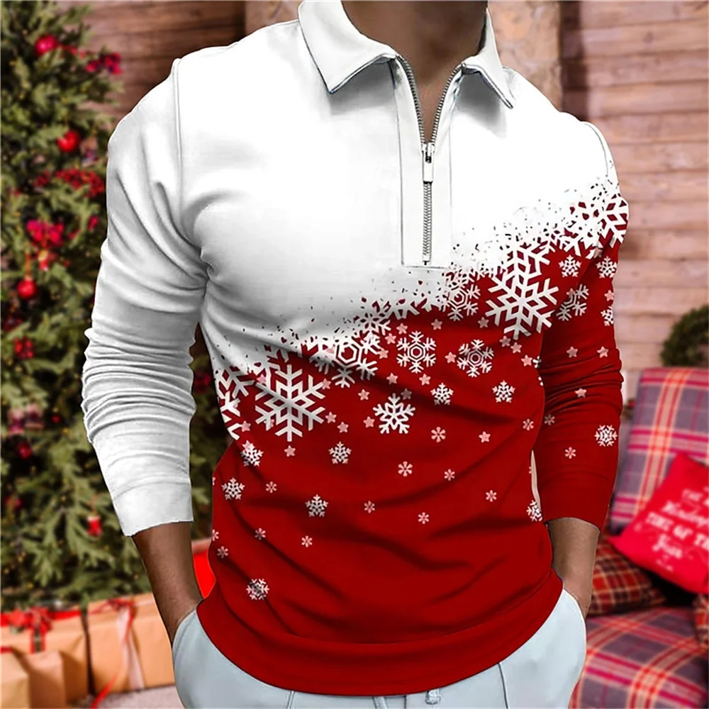 Men\'s Polo Shirt Golf Shirt Graphic Prints Snowflake Turndown 3D Christmas Street Long Sleeve Zipper Clothing Apparel Fashion
