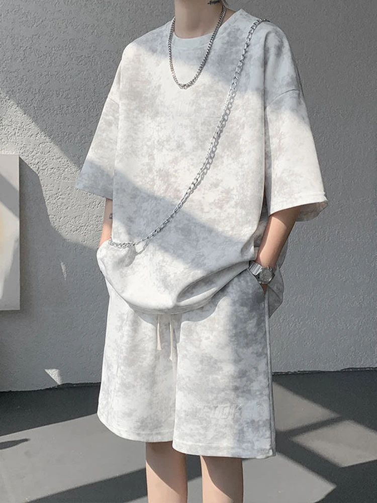 

American Dyed Casual Set Men's Pants Summer Handsome Sport round Neck Loose Short Sleeve Five-Quarter Shorts One Set Trendy