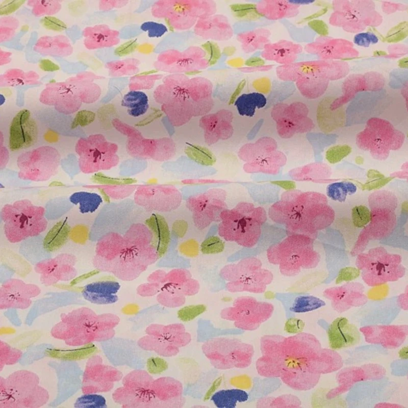 Twill Pure Cotton Oil Painting Style Peach Blossom Fabric Handmade DIY Headband Decoration Spring Summer Dress Clothing Fabric