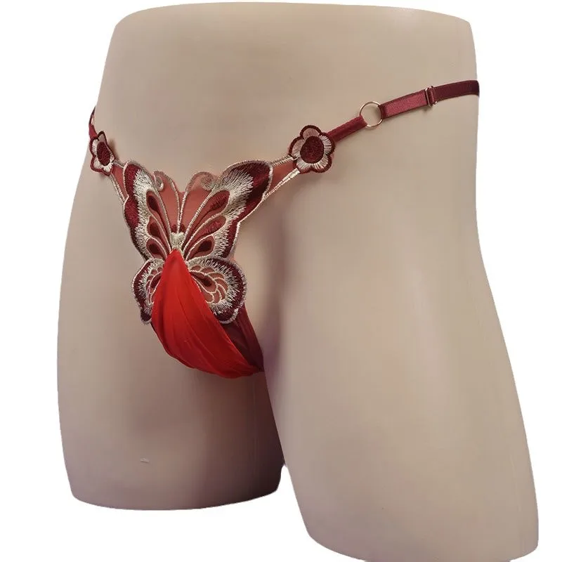 Men's Sexy Thong Sissy Pouch Sheath Panties Butterfly Embroidery Underwear Adjustable Large Size Bullet Separation Underpants