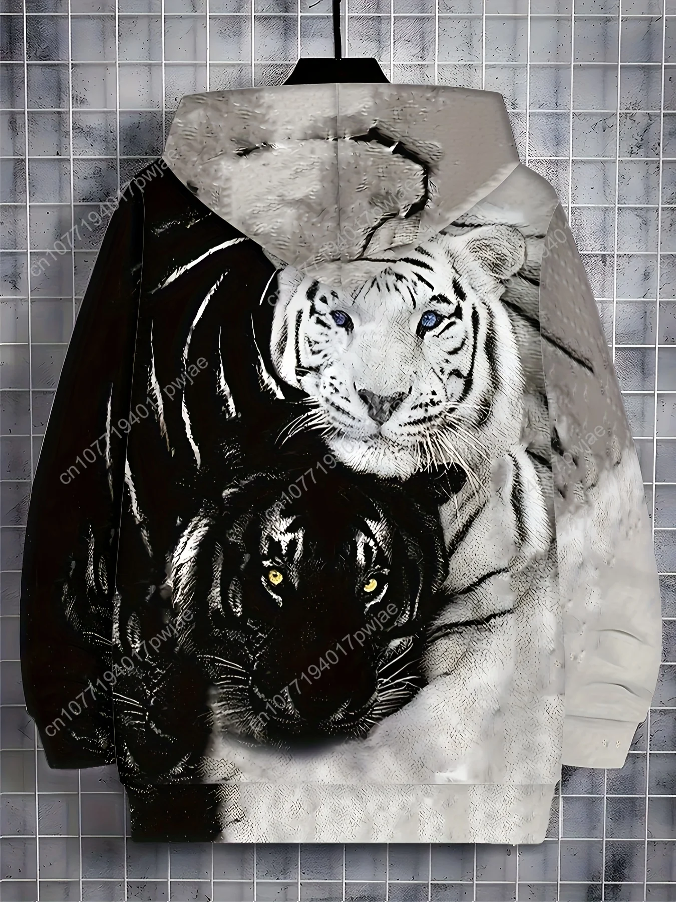 Moletom masculino de manga comprida com zíper e design de tigre, jaqueta casual ao ar livre para outono e inverno, com cordões e bolso