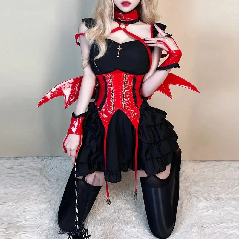 Halloween Night Demon Maid Unifrom Gothic Lolita Girls Cosplay Night Elves Magic Little Devil Wings Outfits Clothes Costumes