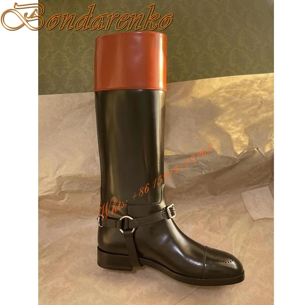 Round Toe Thick Heel Boots Belt Buckles Mixed Colors Splicing Knee High Boots Women Sexy Slip On Winter Party Dress Patent Shoes