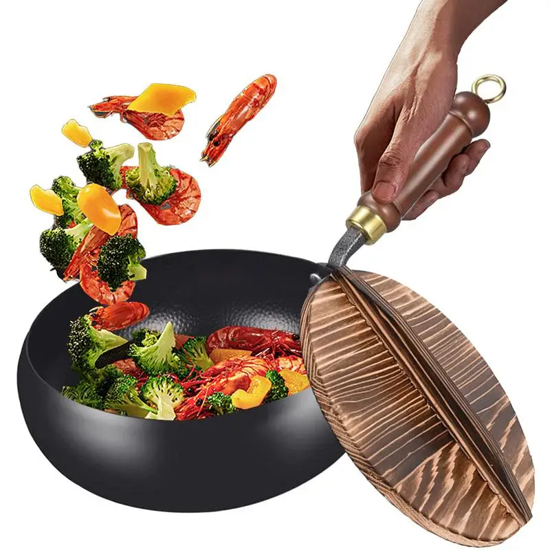 

Wok Pan Hand-forged Iron Wok Ergonomic Uncoated Iron Pan With Lid For Home Outdoors Restaurant Camping Indoors
