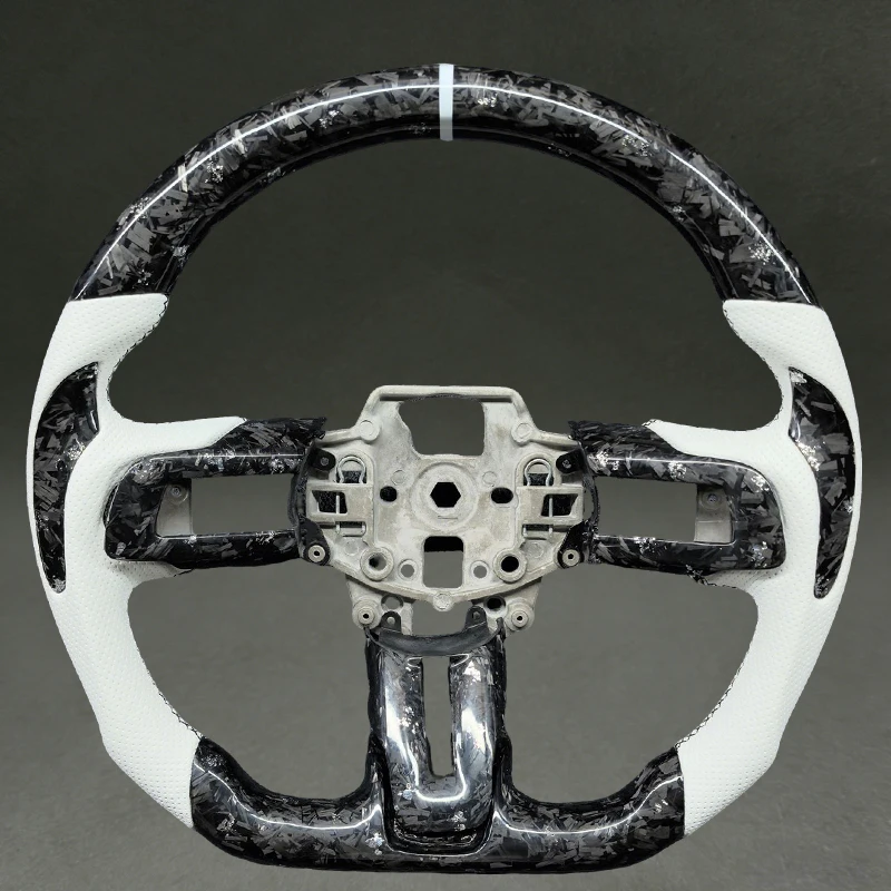 For Ford Mustang Black Forged Carbon Fiber Steering Wheel with White Perforated Leather for Mustang 2015 2016 2018 2019 2020