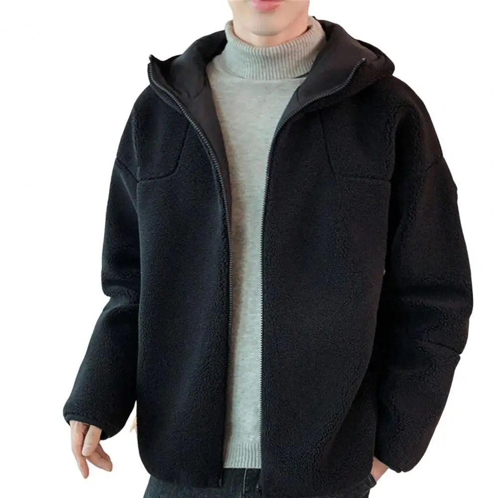 

Thick Fleece Winter Jacket Casual Hooded Coat Men's Embroidered Hooded Winter Jacket with Fleece Lining Zipper Closure for Cold