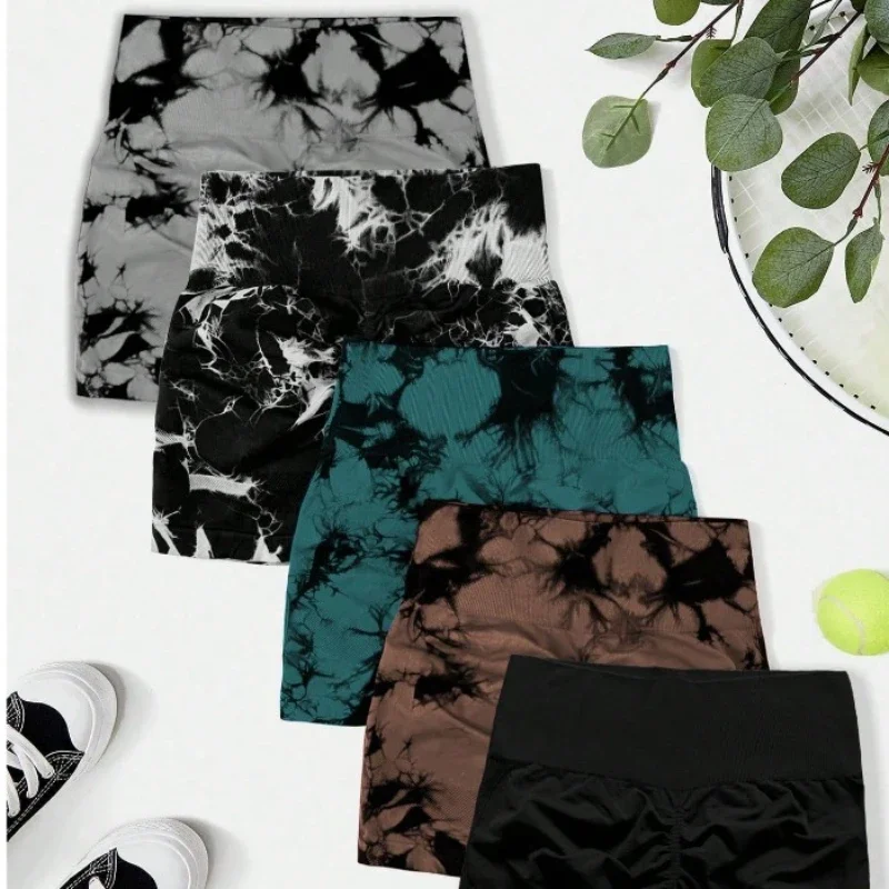 กางเกงขาสั้นโยคะผู้หญิง ChunxingQuickDrying ลายมัดย้อม เอวสูง ไร้รอยต่อ เซ็กซี่ กางเกงออกกำลังกายรัดรูป กางเกงกีฬาขาสั้น สะโพกพีช กางเกงโยคะทรง Biker