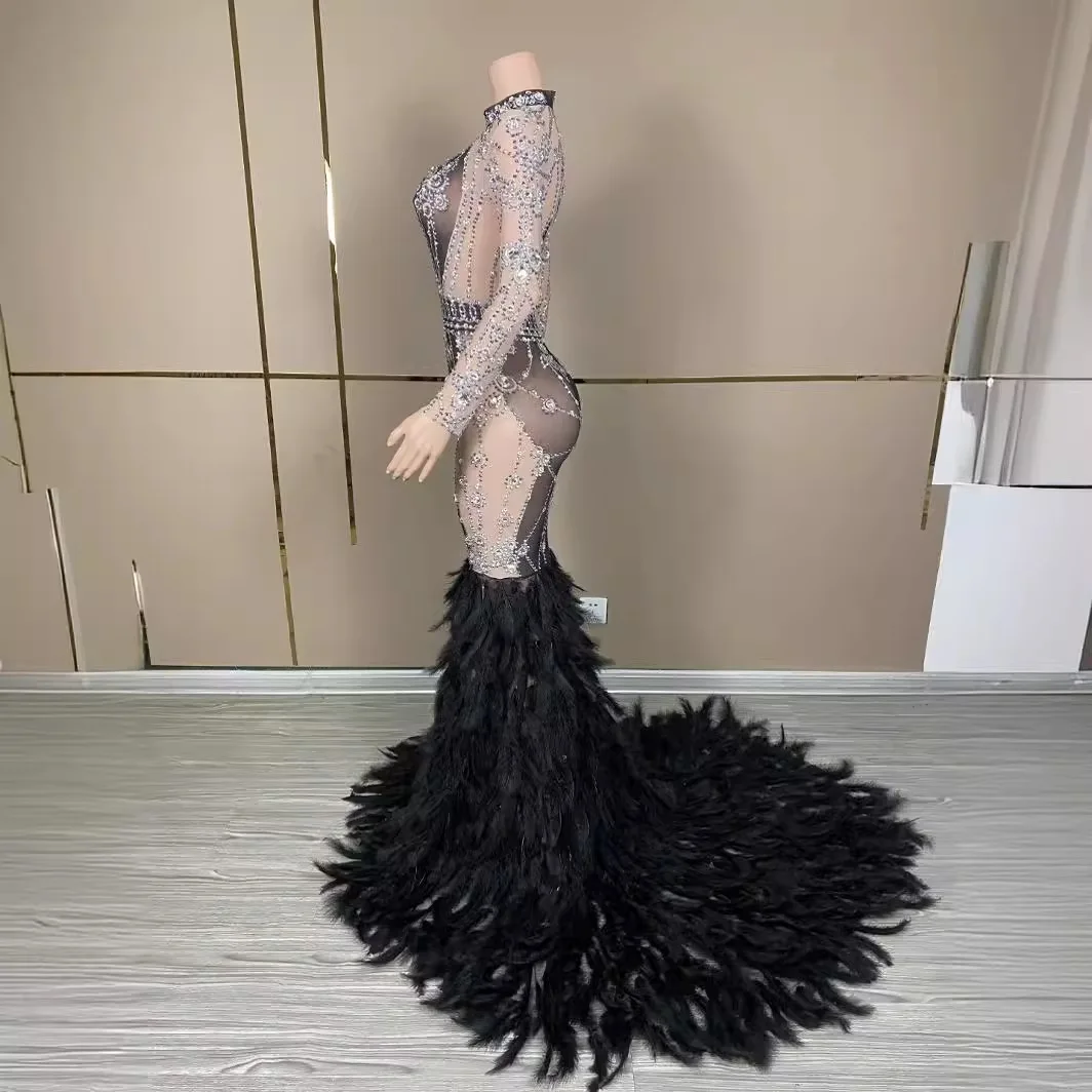 أداء زي مثير منظور حجر الراين بأكمام طويلة ريشة خياطة فستان حفلة طويلة المرحلة Abito الفاخرة Elegante Gala