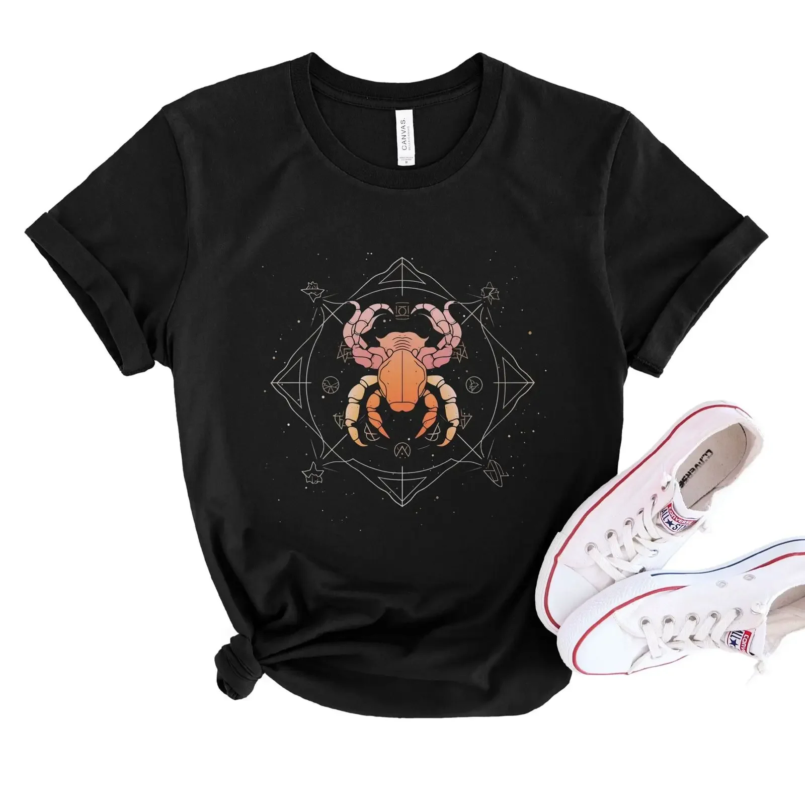 Cancer Zodiac Sign Sacred Geometry T Shirt Mystical Astrological Spiritual Black Ringspun Cotton Retail FiT vintage Washed