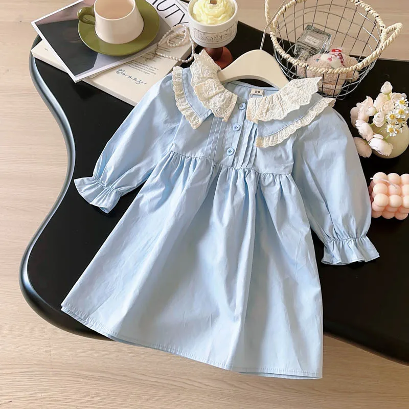 Girls Casual Dresses Lace Doll Collar Puffy Sleeve Dress Toddler Girl Clothes Princess Dress for Girls Kids Wear