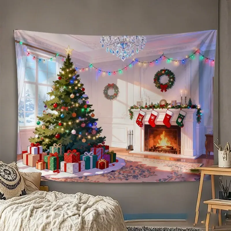 VIKAMA Anime Christmas Living Room Wall Tapestry White Interior Tree Fireplace Stocking Wreath Chandelier Gift Cozy Holiday Home